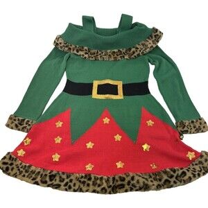 Holiday Time Christmas Sweater Dress Green Elf Leopard Fur Off Shoulder Small